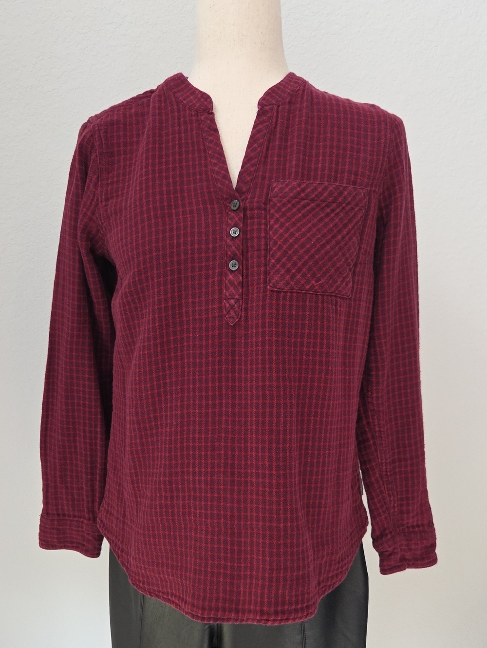 Eddie Bauer Burgundy Red Check Long-Sleeve Warm Blouse Flannel Henley Cotton